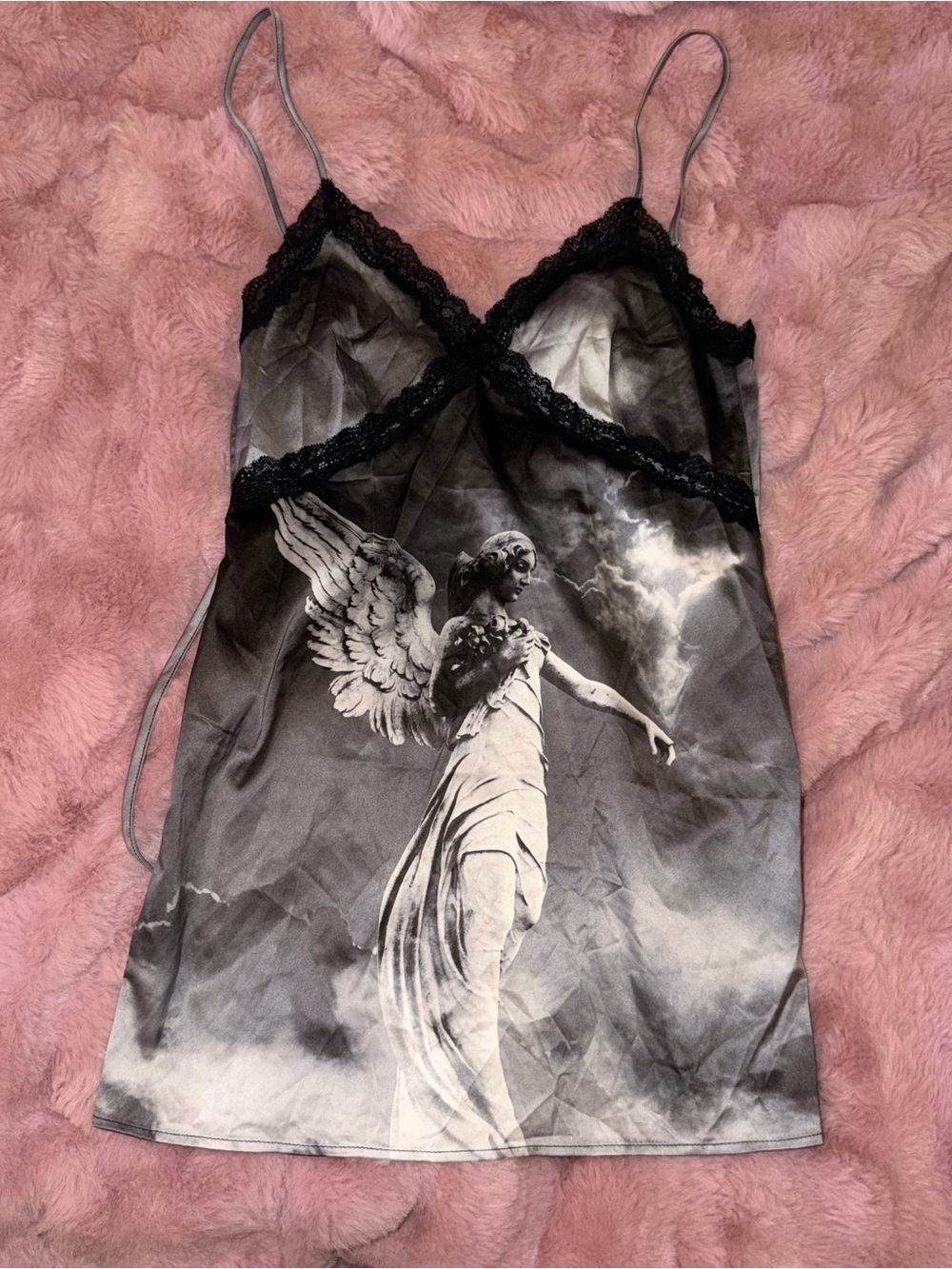 Dolls Kill Black & Gray Angel Graphic Lace-Trim Slip